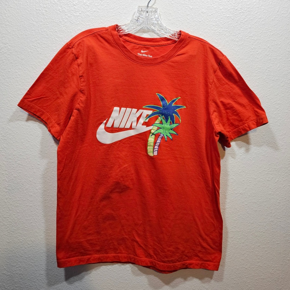 Nike Mens Orange Palm Tree Graphic Logo T-Shirt Size M Tropical Summer Tee